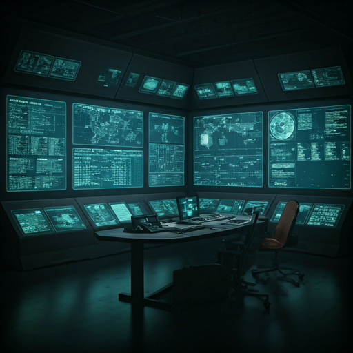 Dark modern war room with tactical displays