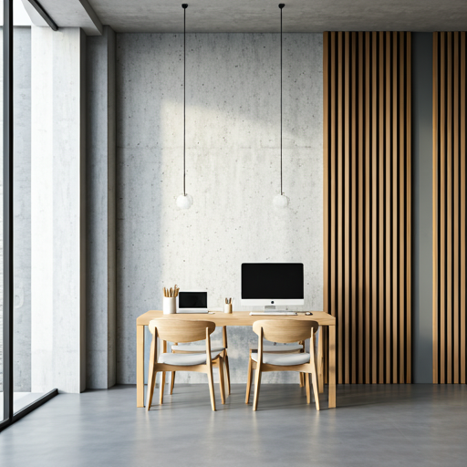 Minimalist collaborative workspace with concrete walls